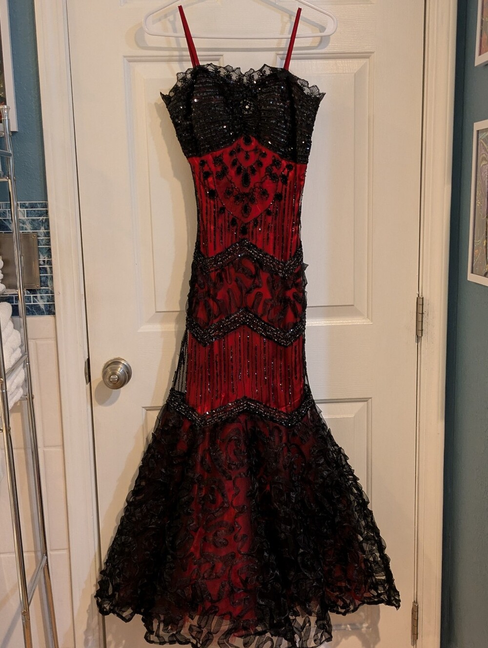 Red & Black Beaded Strapless Evening Gown